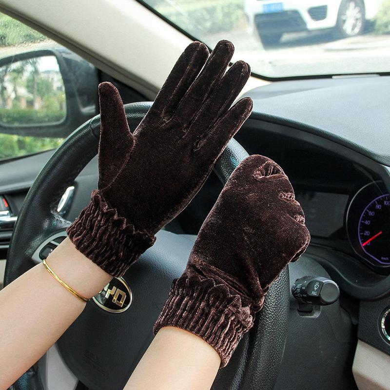 Women's Gold Velvet Etiquette Gloves - Knitted Warm Five-Finger Design for Autumn and Winter