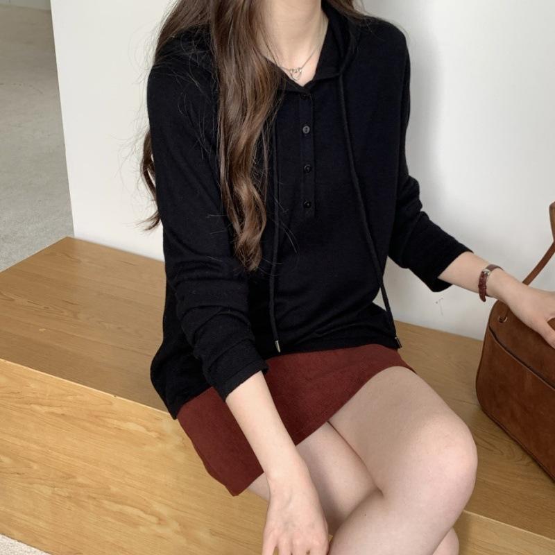 Hooded drawstring design knitted sweater women's autumn new pullover long sleeve simple wind sweater