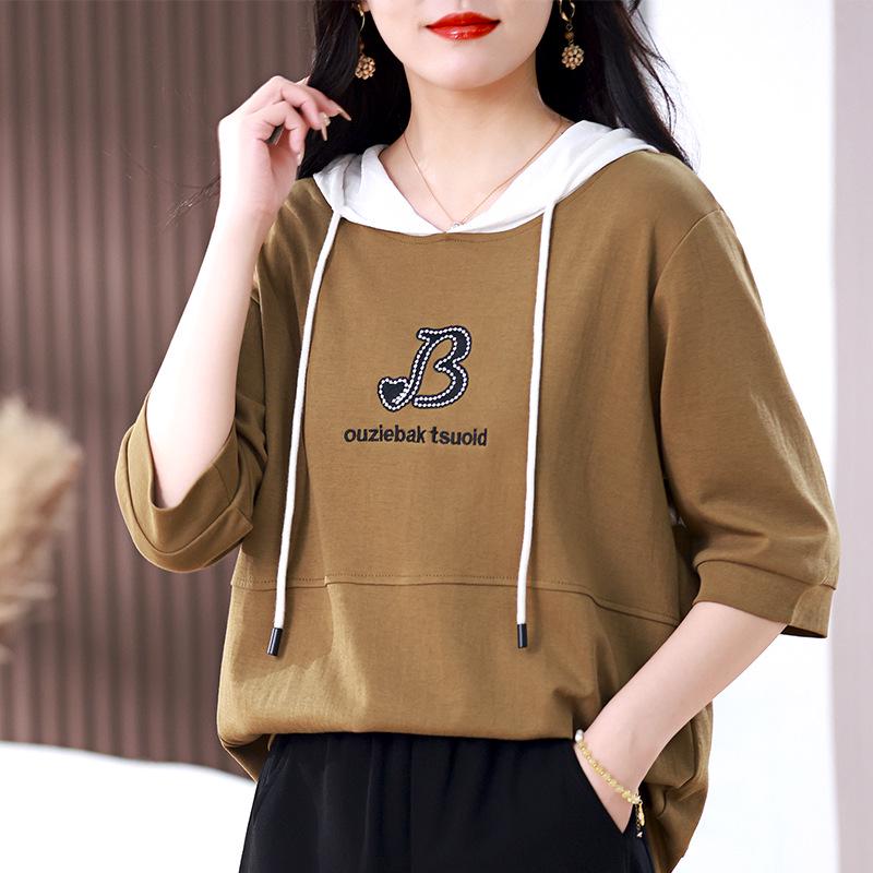 

Новинка 2024 года Женский повседневный топ с капюшоном, с короткими рукавами и буквенным принтом - Летняя толстовка свободного кроя со средними рукавами XL (recommended 125-140 jin) кофейный