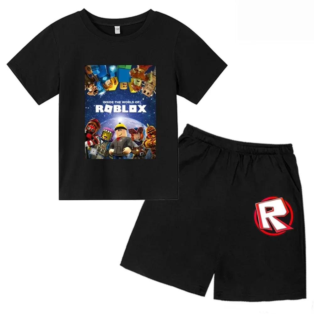 2025 MINISO Roblox Tshirt Kids Clothes Girls Tops Summer Baby Shorts Sports T-shirt Boys Shorts Children's Clothing Suit 414years