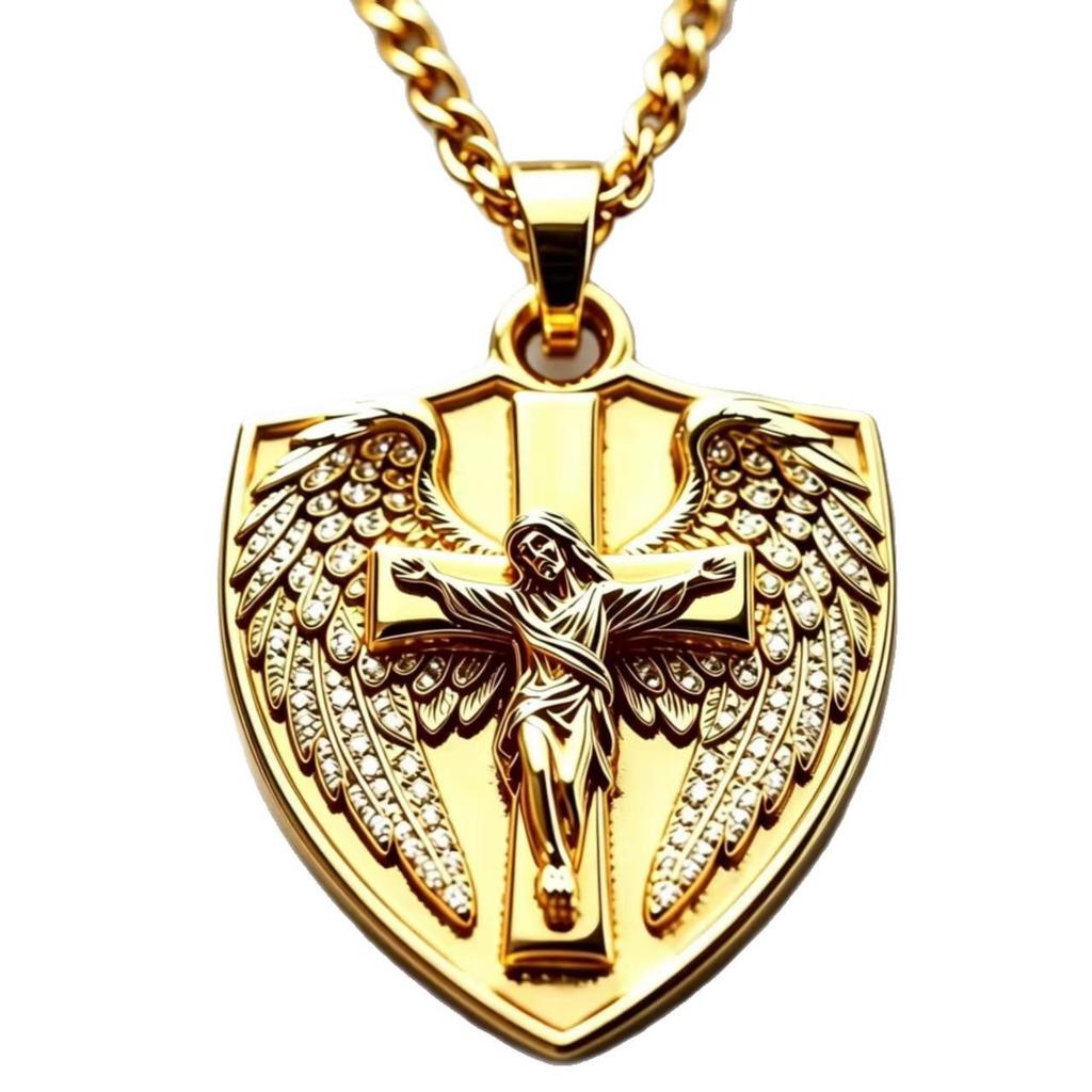 European & American Rhinestone Angel Wing Shield Pendant Hip Hop Necklace Jewelry
