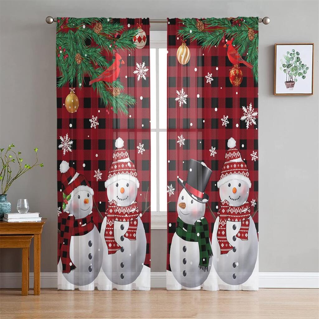 Christmas Red Curtains Santa Claus Snowman Print Window Drapes 2 Panels Living Room Bedroom Kids Sun Block Decor