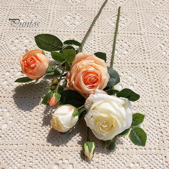 Artificial Rose with Stem Green Leaves Realistic Fake Flower Wedding Party Home Office Table Centerpiece Faux Floral Branch Decoration