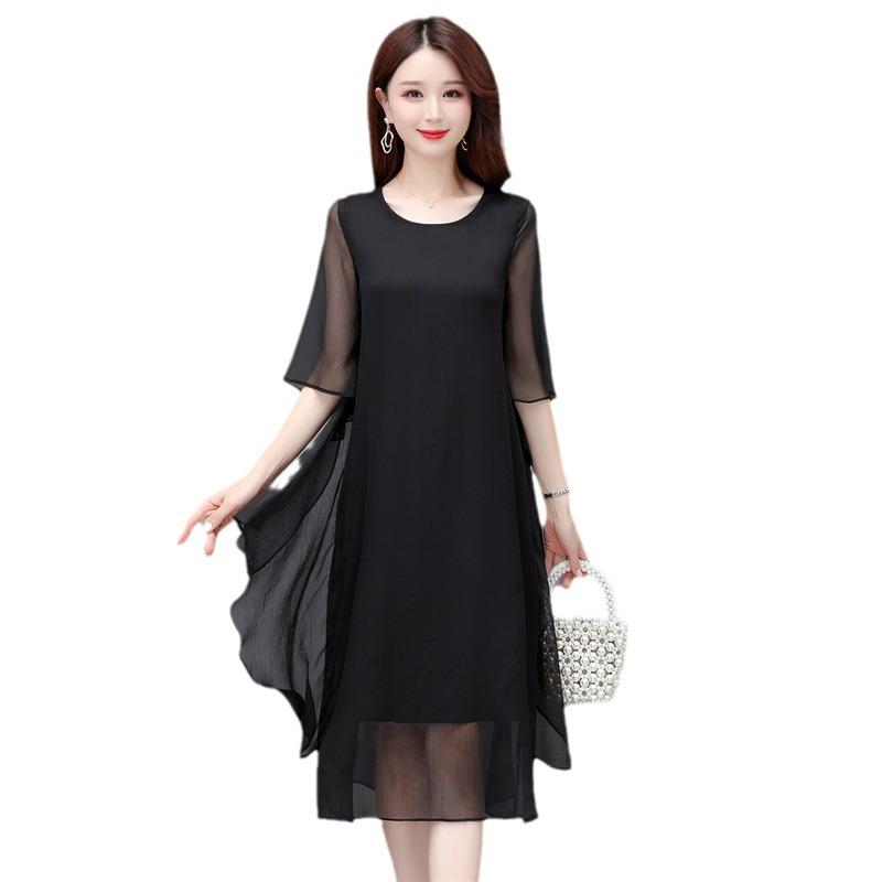 Women's Summer 2023 Silk Crepe A-line Dress: Mid-length, Solid Color, Loose Fit, Tummy-Covering, Fashionable and Elegant.