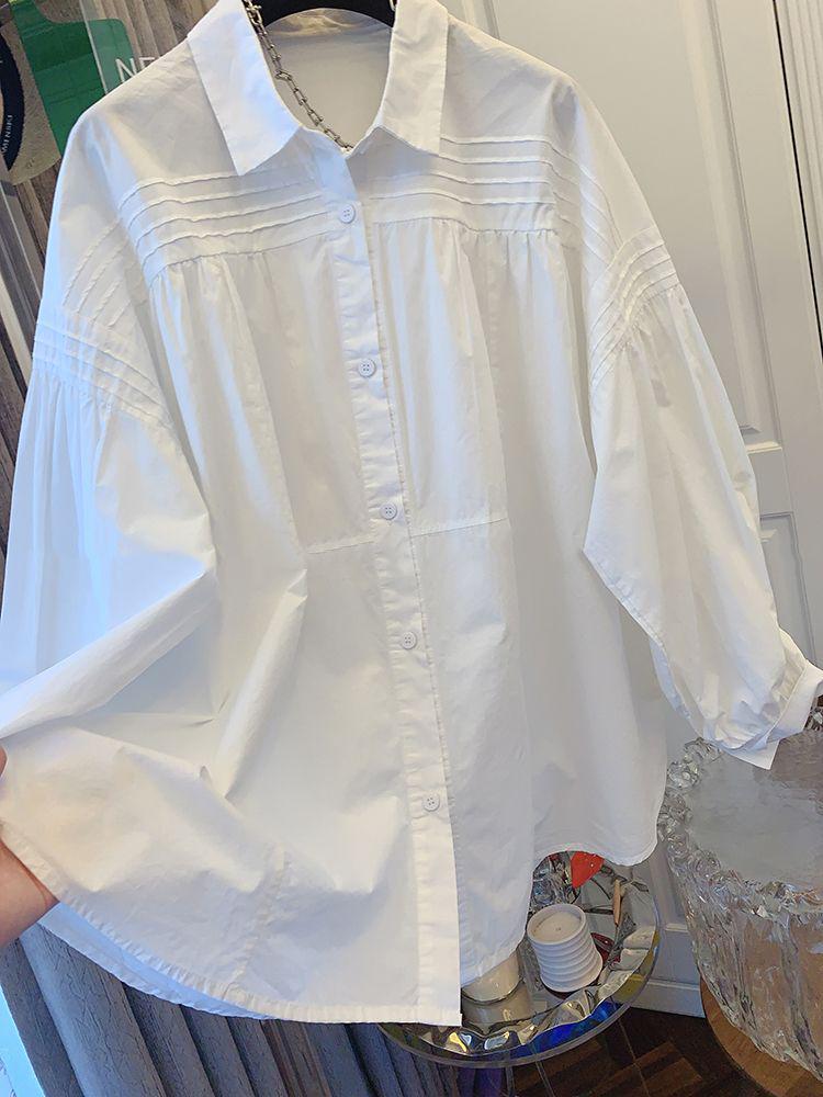 2026 Spring/Autumn Chic Pleated Loose Lantern Sleeve Slimming Top for Women