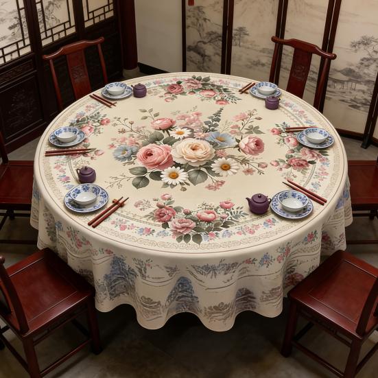 Mexican Floral Tablecloth Round Table Cover with Scalloped Edge Colorful Flower Folk Art Pattern
