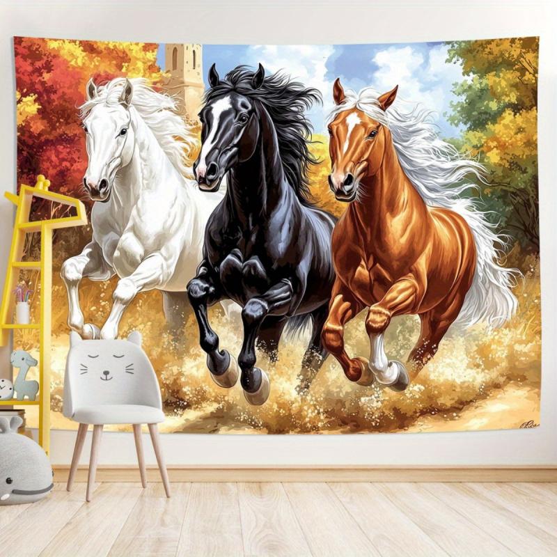 VIKAMA Tri-Color Galloping Horses Tapestry Dynamic Autumn Forest Art Wall Hanging Living Room & Bedroom Feature Wall Decor