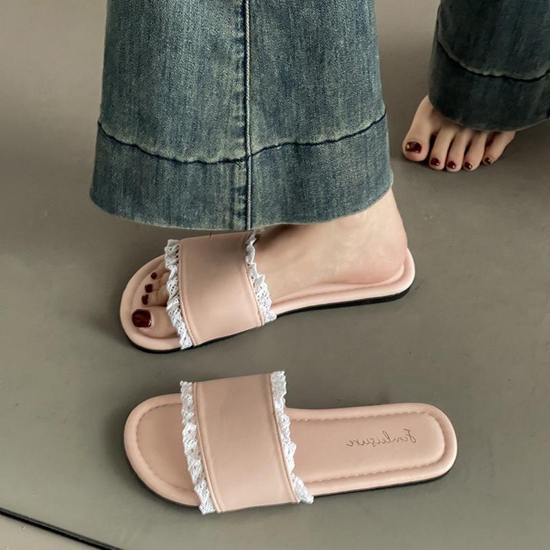 French Beautiful Lace Edge Slippers Women's 2025 Summer New Wear Beach Sandals Non-slip Home Slippers