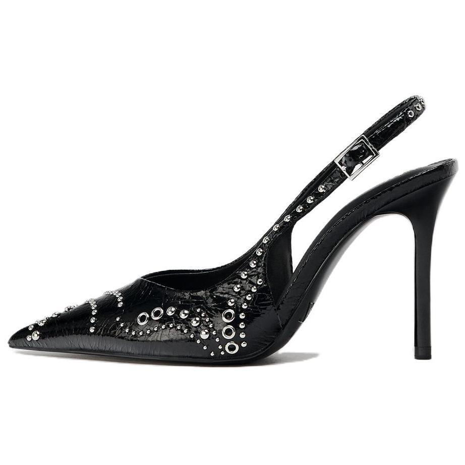 Zara Pu Studded Comfortable Versatile Pointed Toe Open Back Stiletto High Heels 10Cm Women High Heels Black 13205510-38