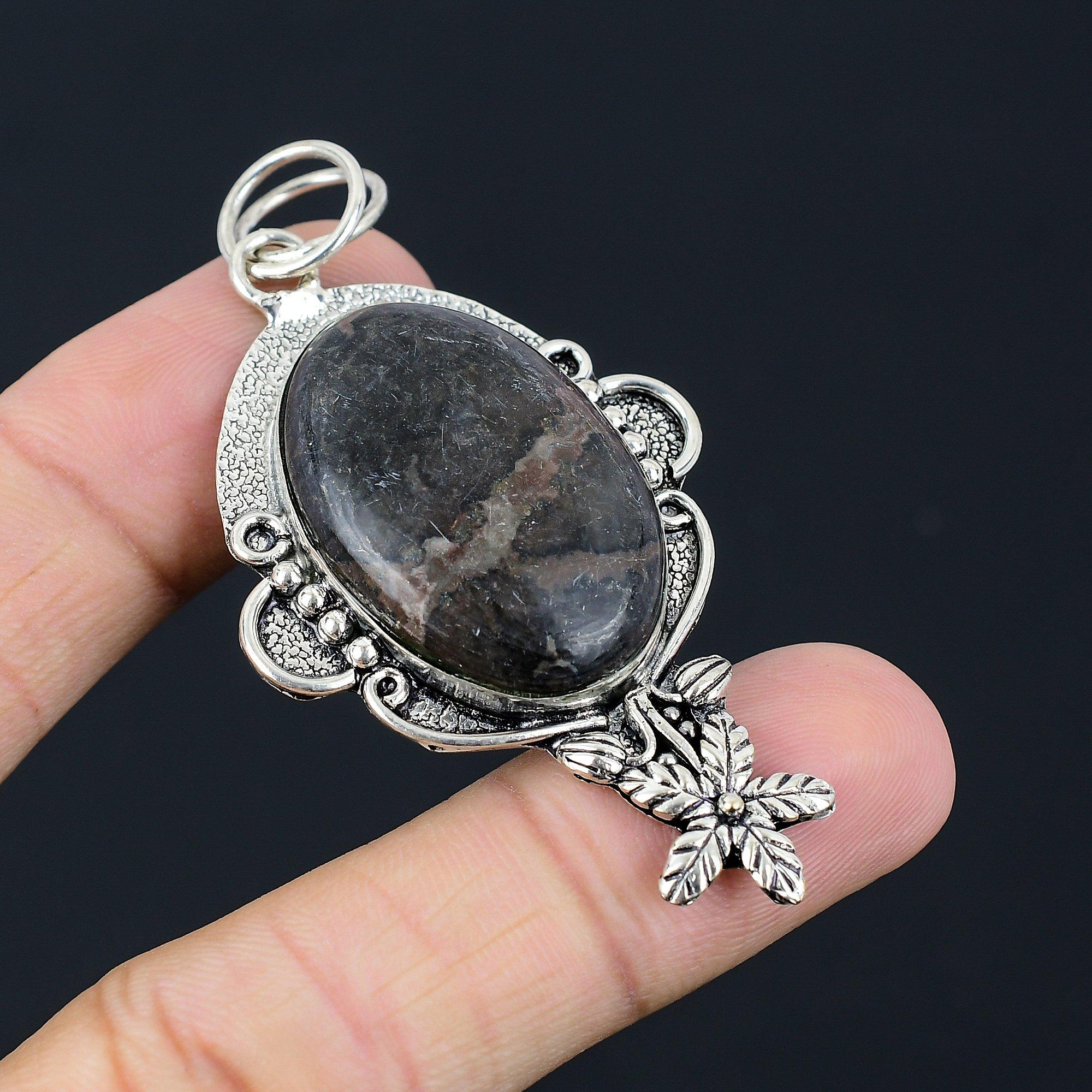 Friendship Day Deal 925 Silver Oval Gabbro Jasper Gemstone Flower Mother Pendant