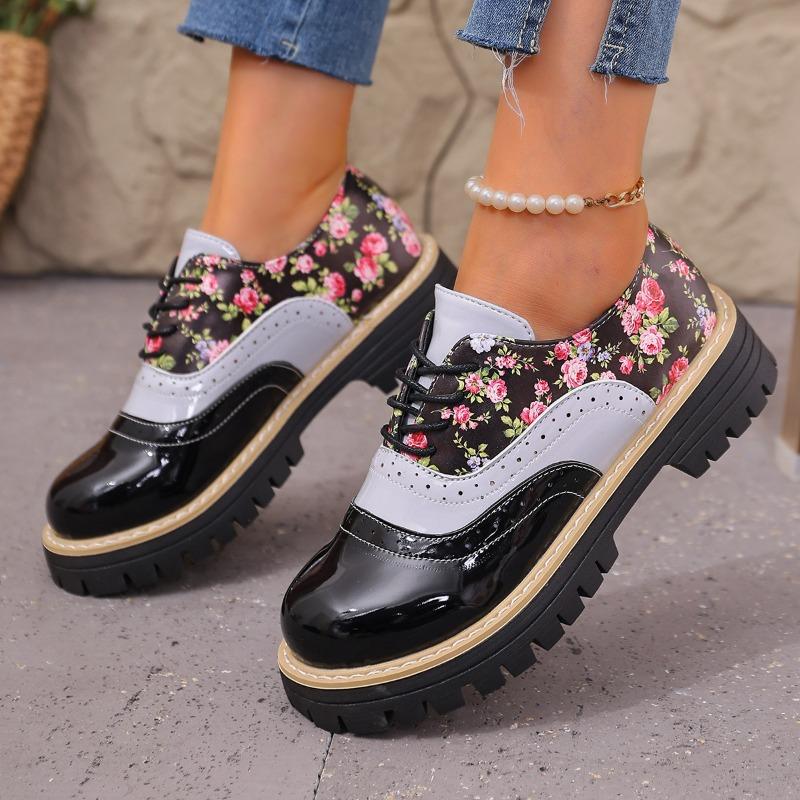 Autumn Printed Low-top Shoes 2025 New Plus-size Lace-up British Style Muffin Small Leather Shoes for Women