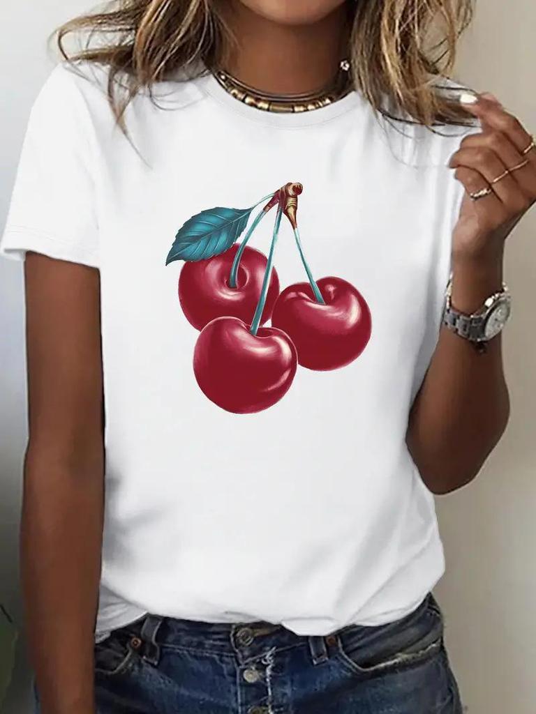 Damen Kirschdruck Kurzarmtop mit kostenlosem Versand - Europäischer & Amerikanischer Stil