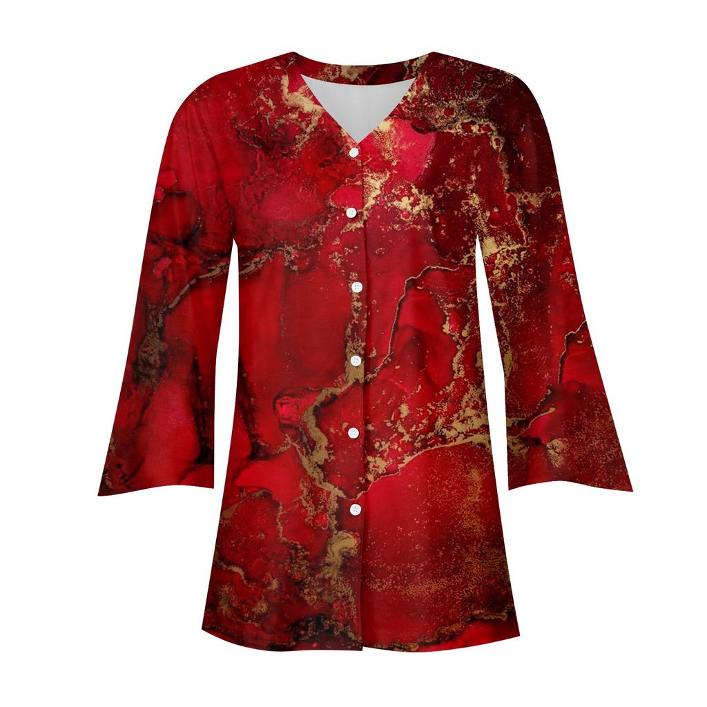 Women's Loose Casual Printed Three Quarter Sleeve Flared Sleeve Button Cardigan Jacket