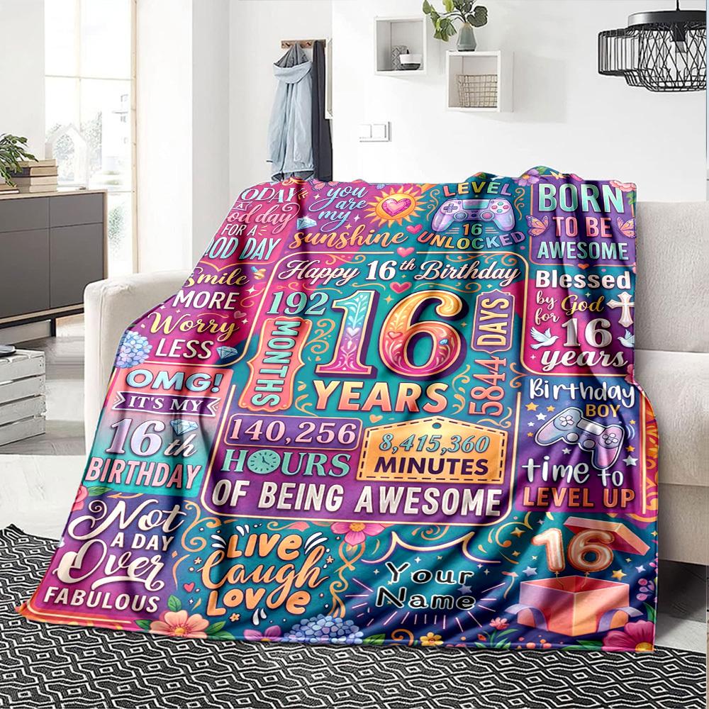 Happy 16Th Birthday Themed Blanket Personalized Name Soft Warm And Versatile For Sofa Bed Office And Travel Machine Washable Comfortable In All