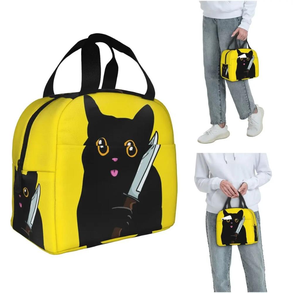 Borsa Termica per Pranzo Gatto Nero Cartone Animato con Coltello per Donne Bambini Scatole per Cibo Portatili Borsa Termica per Pranzo Tote