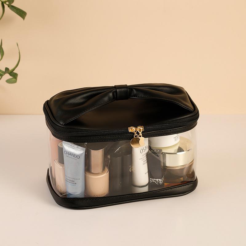 1Pc Women Girls Portable Makeup Bag with Bowknot Design, Clear Window Large Capacity Travel Cosmetic Storage Organizer