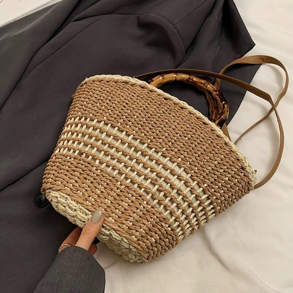Large Capacity Weave Straw Bag Casual Woman Handbag Ins Bucket Shoulder Bag  Holiday