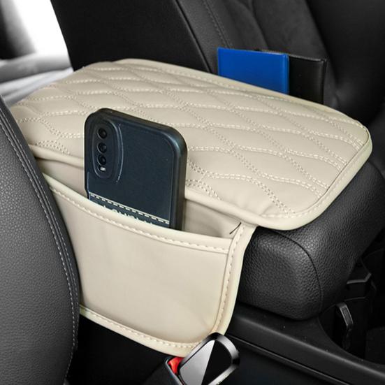 Car Armrest Cushion Center Console Protector Pad with Storage Pocket Faux Leather Heightening Armrest Pillow for Most Cars