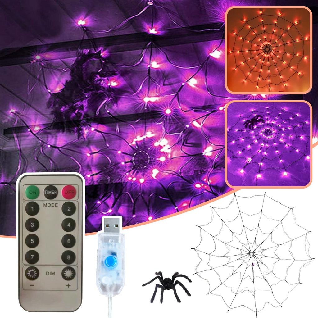 USB Remote Control 70 LED Spider And Web Light Halloween Decoration Light Horror Atmosphere Light (With Spider)