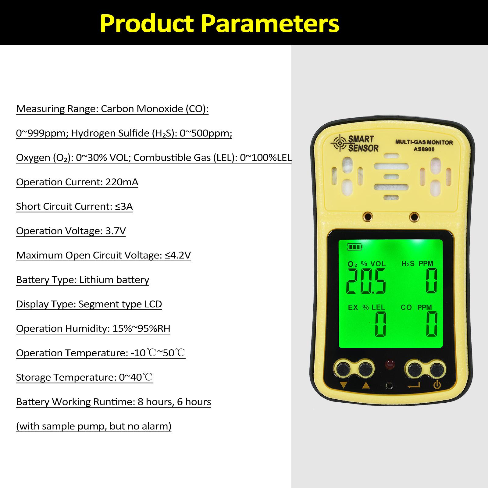 

SMART SENSOR AS8900 4 in 1 Combustible Gas Detector Analyzer Handheld Multi Gas Monitor Gas Detector O₂ CO H₂S Analyzer жёлтый