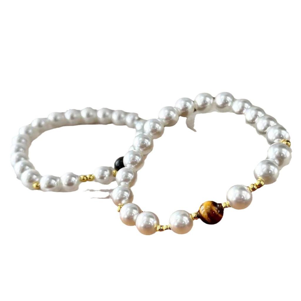 Vintage Maillard Style Natural Tiger'S Eye Stone Artificial Imitation Australian White Pearl Bracelet
