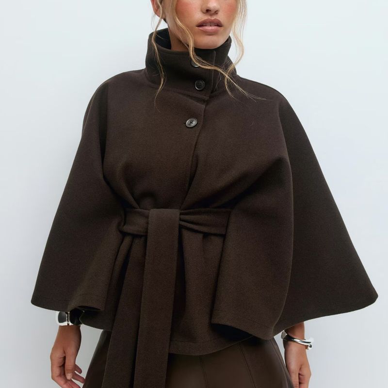 Za New Fall Women's Clothing 2025 Fashion Wind Fashion Loose and Simple Stand Collar Long Sleeves with Belt Woolen Outwear