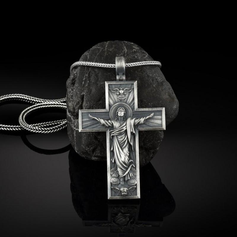 Mens Punk Hip Hop Necklace With Bird Head Cross Pendant Stainless Steel Box Chain Tone