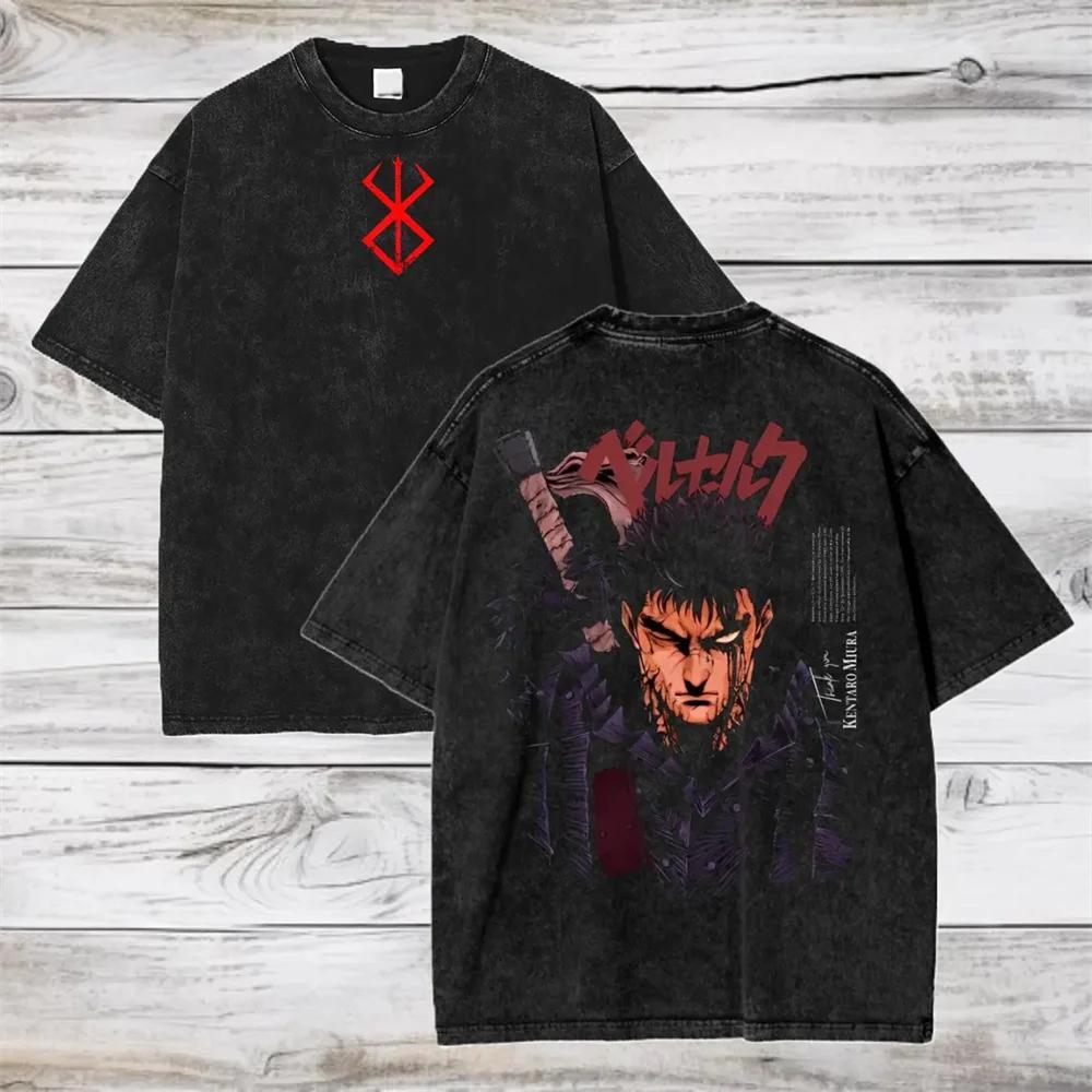 Anime Berserk Cotton TShirt Hip Hop Streetwear T Shirt Guts Washed T-Shirt Summer Men Casual Loose Short Sleeve Harajuku