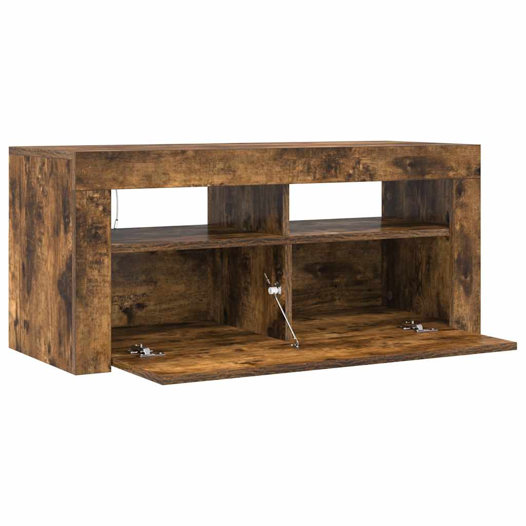 TV Stand with LED Lights Smoked Oak Finish 90 x 35 x 40 cm
