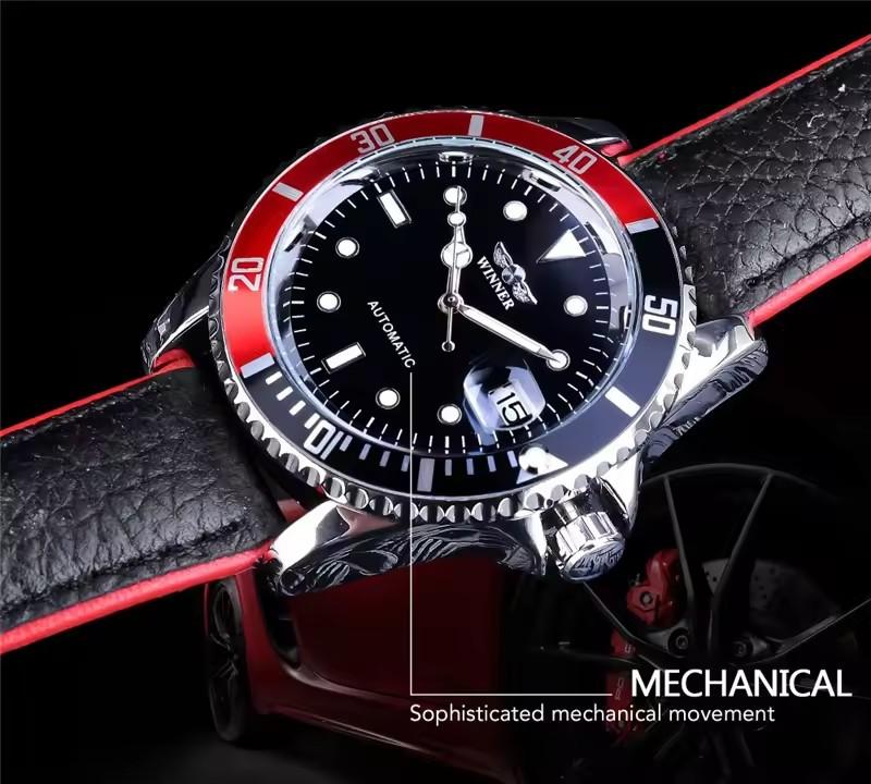 WINNER 002 Men's Mechanical Watch Fashion Luxury Style Automatic Date Black Leather Strap Wristwatch for Male