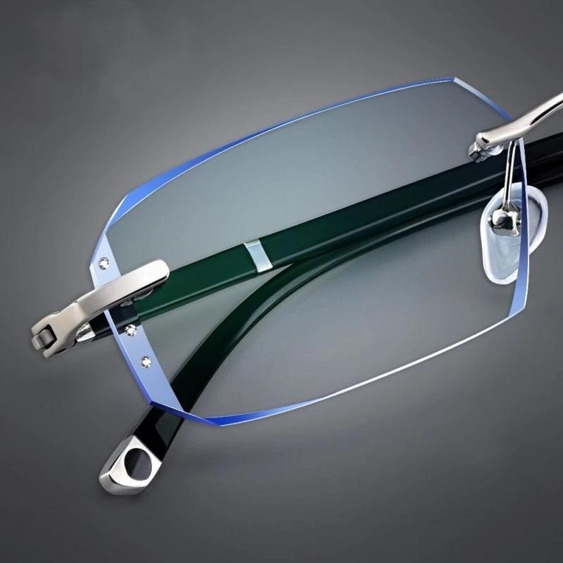 Quadratische Lesebrille mit Diamantschliff, Unisex, Blaulichtblockierung, rahmenlos, Presbyopie, Damen, trendige randlose Weitsichtbrille