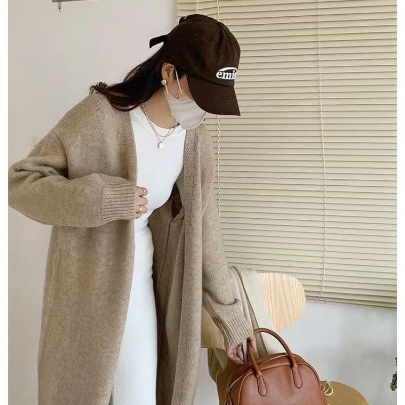 YUNSHU Korean Style Loose Knit Cardigan - Women's Medium To Long Lazy Fit Sweater for Spring and Autumn