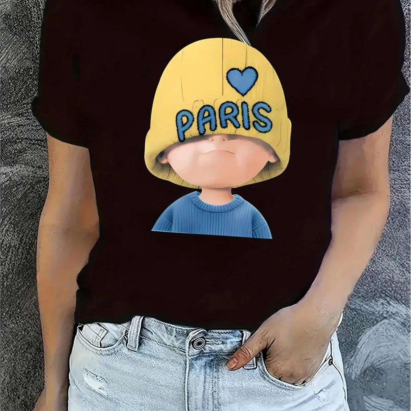 

Women S Casual Crew Neck T-Shirt with Paris Hat Print, Fashion Short Sleeve Knit Top, Medium Stretch Summer Tee for All Seasons XXXXXL чорний