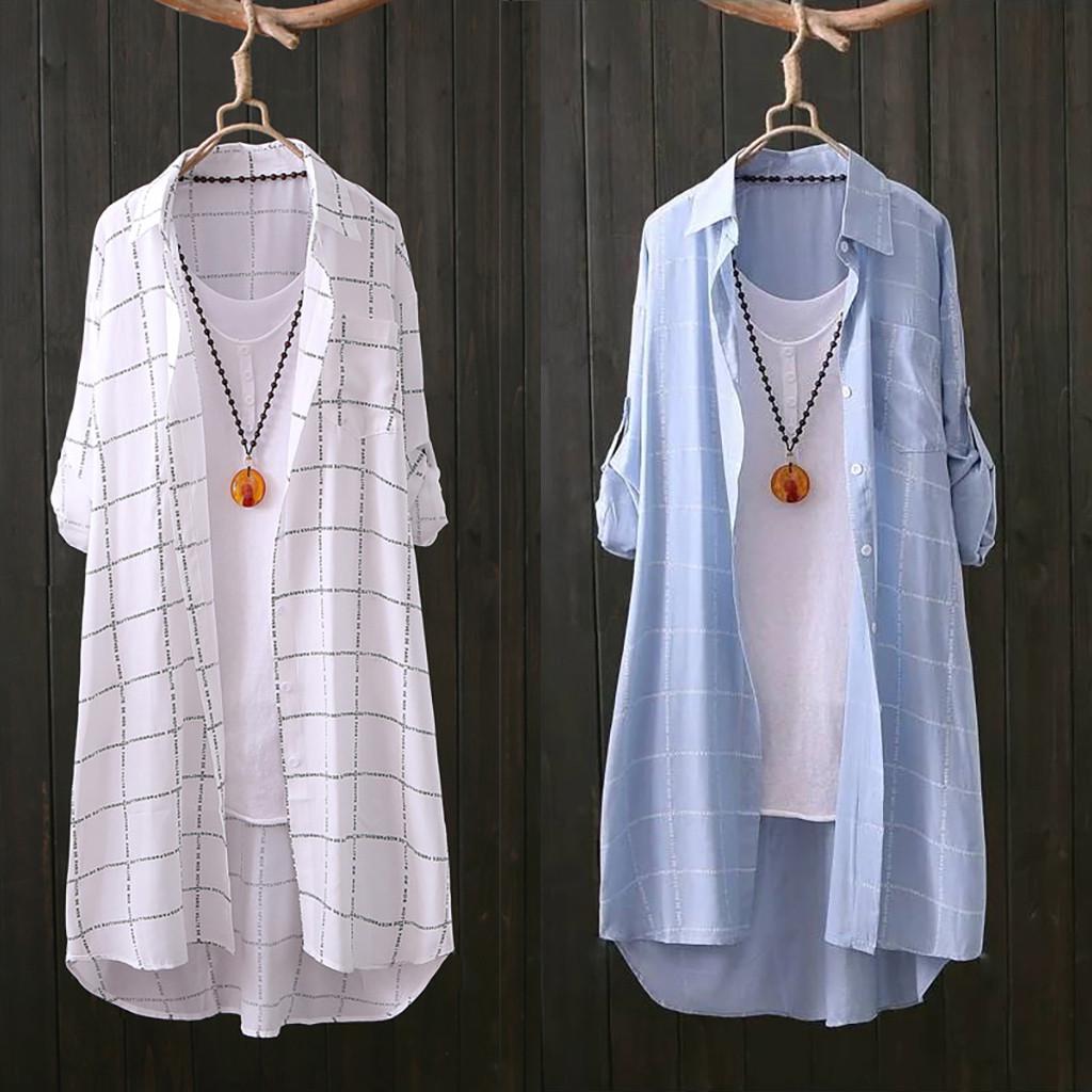 

Women Casual Letter Loose Turn-down Collar Button Up Plaid Shirt Blouse Coat