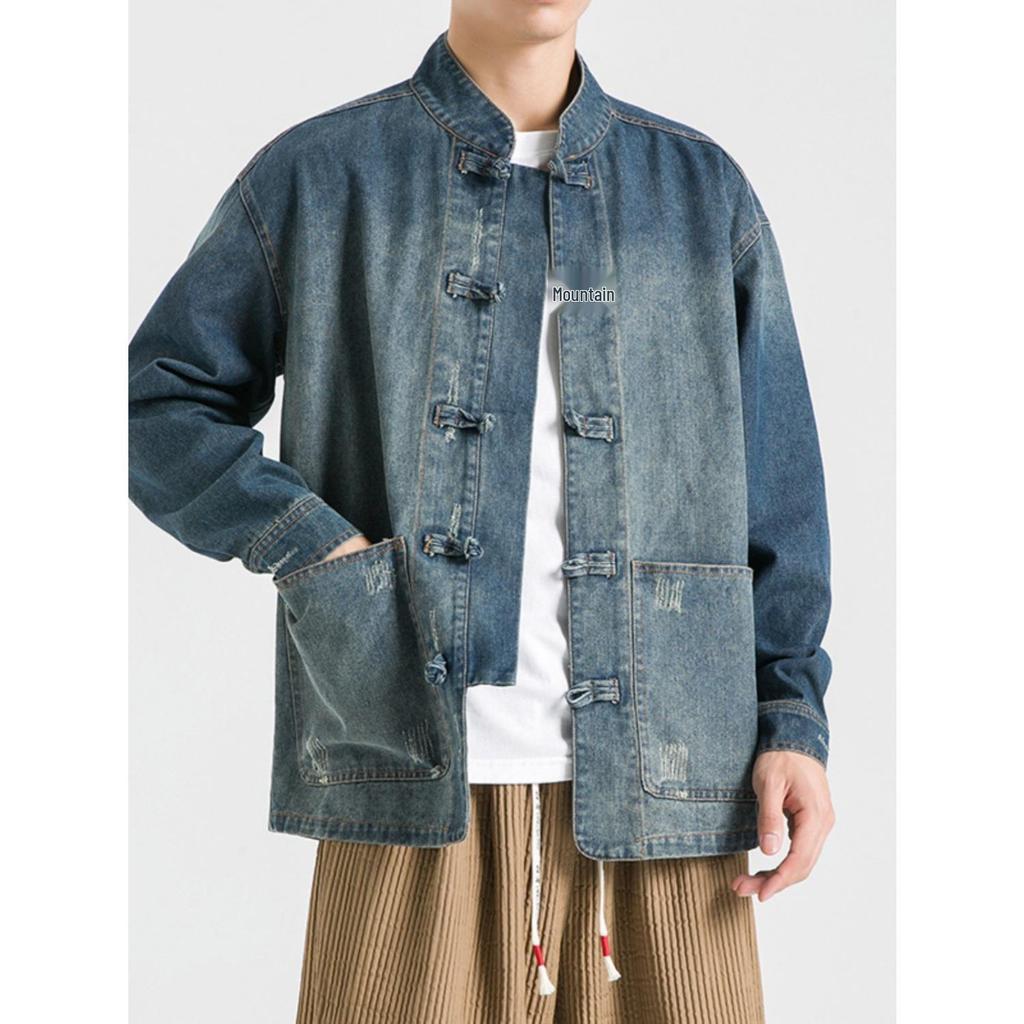 2025 Men's Vintage Washed Denim Tang Suit Jacket with Stand Collar