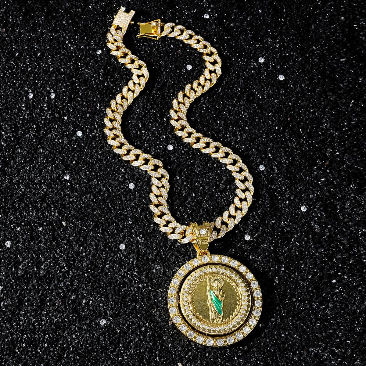 

Мужское вращающееся ожерелье в стиле хип-хоп-панк с подвеской Saint Jude со стразами золотой