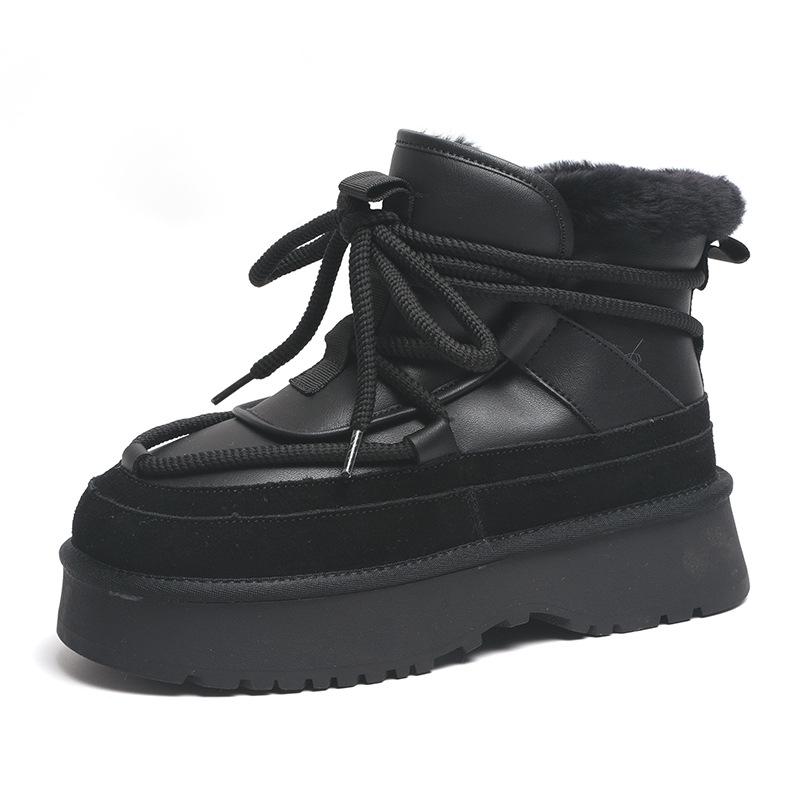 Cowhide snow boots women's new winter leather warm medium tube short diagonal women's cotton shoes boots