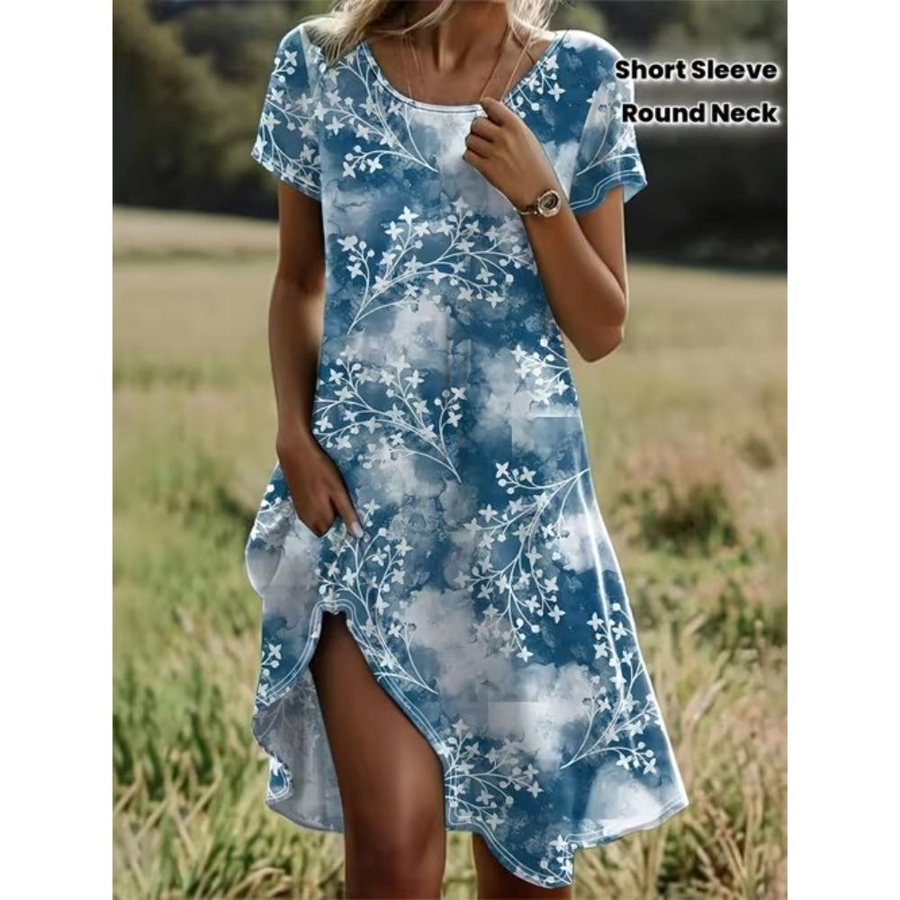 Moda Donna Grazioso Bello Semplice Stampa a Fantasia Estive Primaverili Manica Corta Scollo a O Abiti Casual