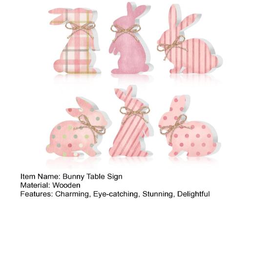 6 Pcs Easter Bunny Wood Sign Rustic Pink Wooden Bunny Block Table Sign for Easter Tiered Tray Tabletop Shelf Decor