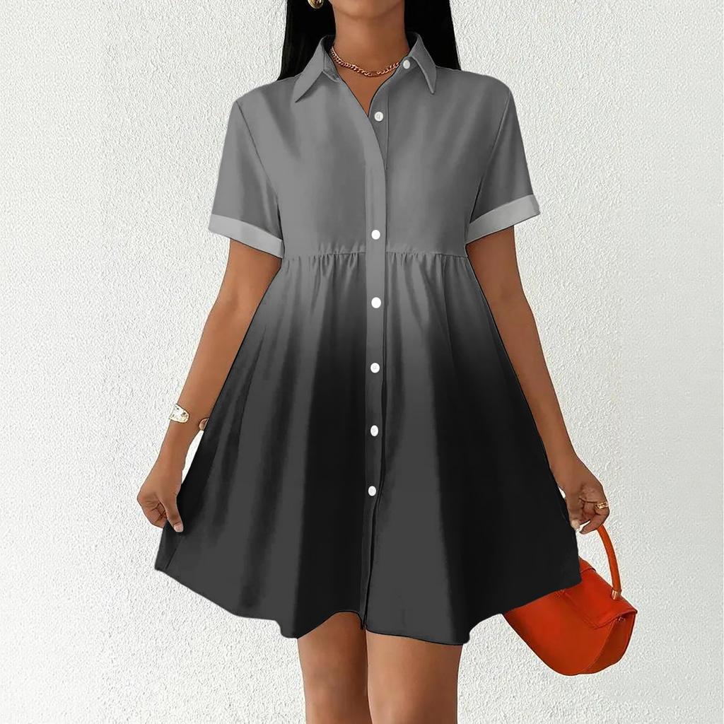 Women’s Casual Loose Fit Shirt Dress Button Down Stand Collar Short Sleeve Gradient Print Fashion Tunic Dress