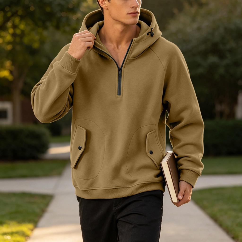 Men's Casual Loose Fit Half-Zip Hooded Pullover for Spring and Wear