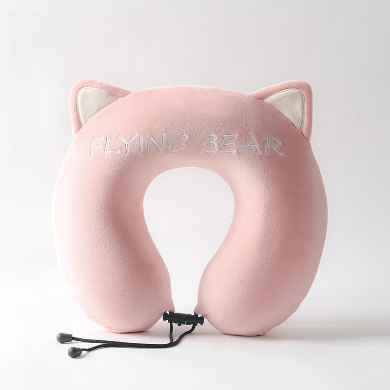 Cute Cat Ear Memory Foam U Shaped Pillow Slow Rebound Ergonomic Neck Support for Car Cervical Protection Zero Pressure Comfort розовый