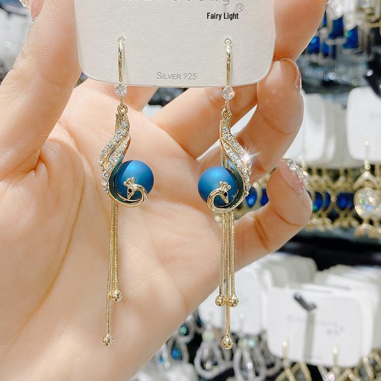 New Year Red Pearl Peacock Tassel Earrings: Phoenix Dance Long Drop Earrings for Women