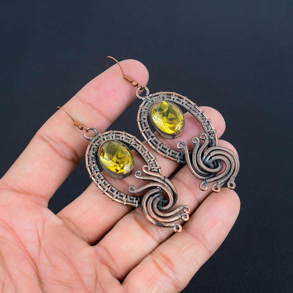 Citrine Earrings, 999 Copper Wire Wrapped Gemstone Jewelry, Handmade Earrings, For Thanksgiving