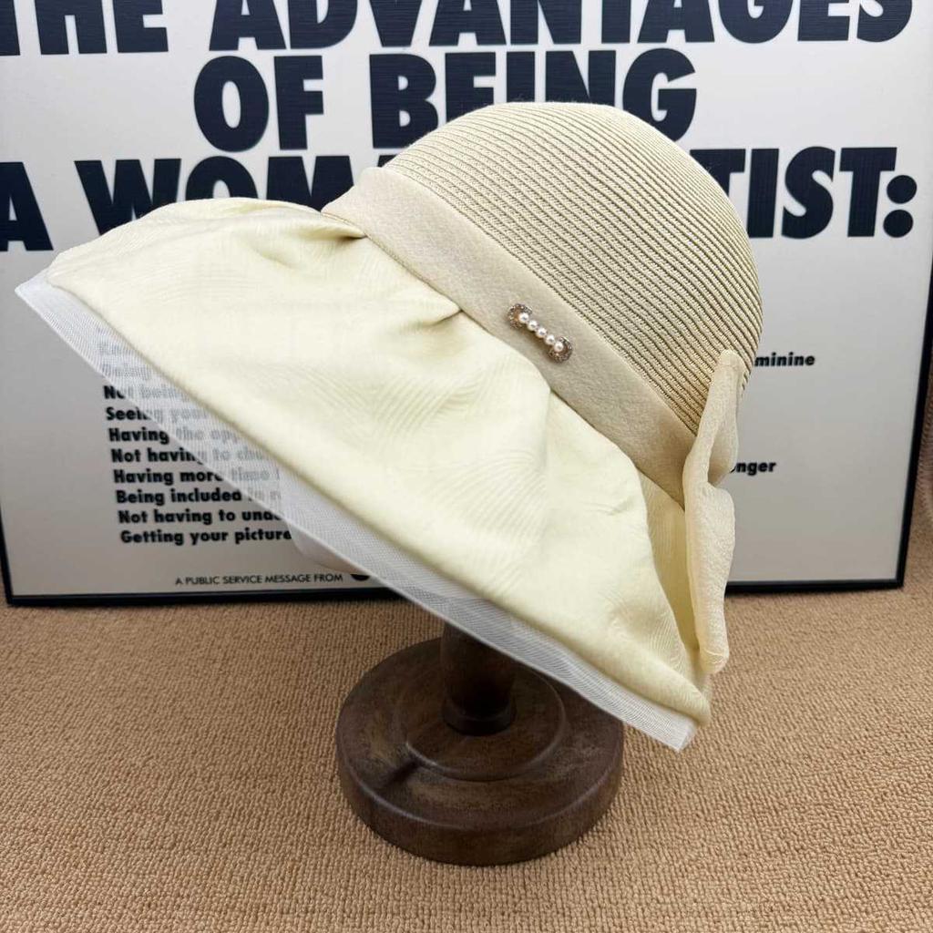 Summer French Elegant Straw Big Eaves Sun Hat Women's Bow Pearl Diamond Jewelry Sun Protection Seaside Holiday Sun Hat