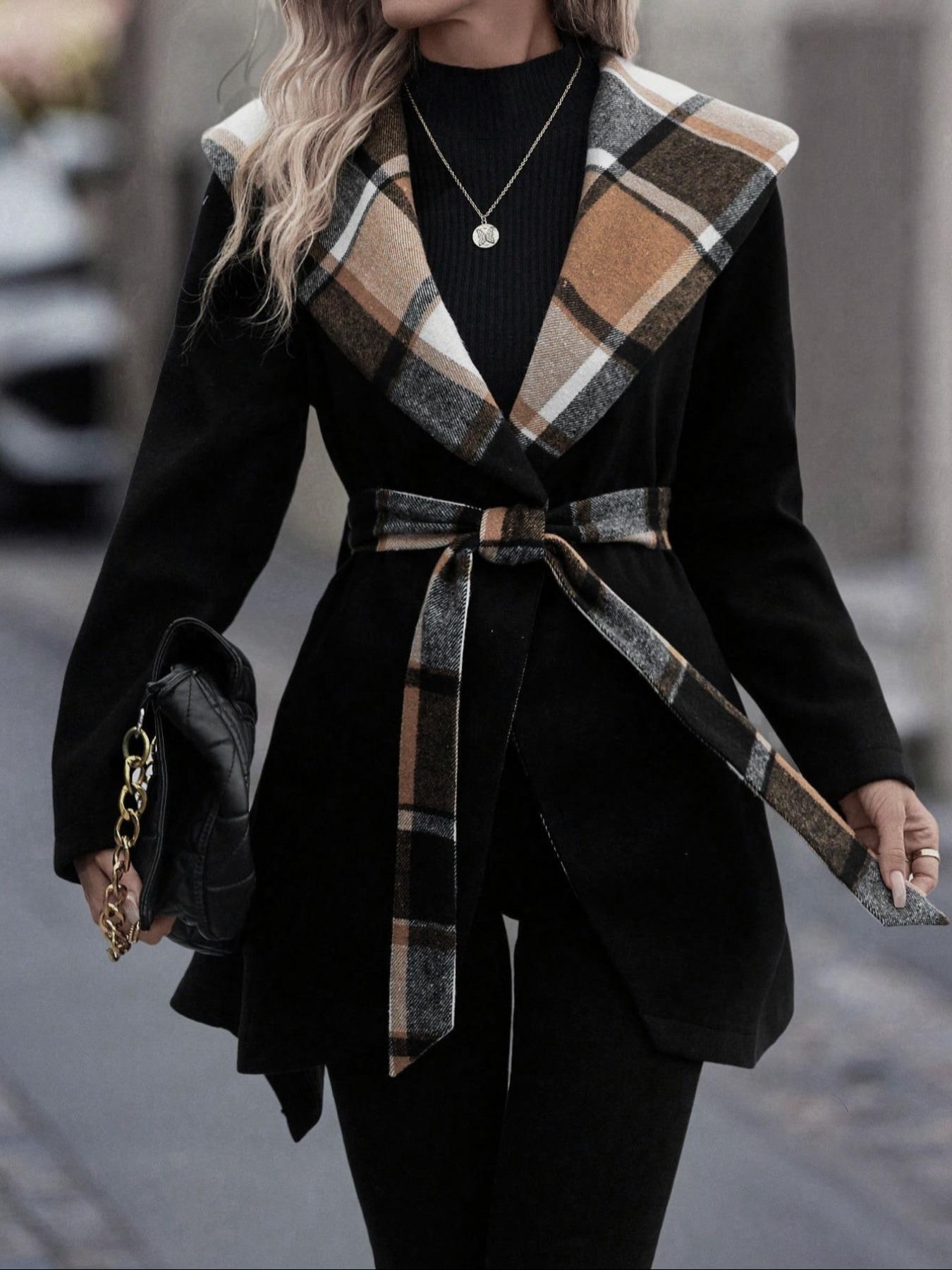 

Women s Mid-length Lace-up Plaid Wool Trench Coat - Autumn/Winter Fashion Small чорний