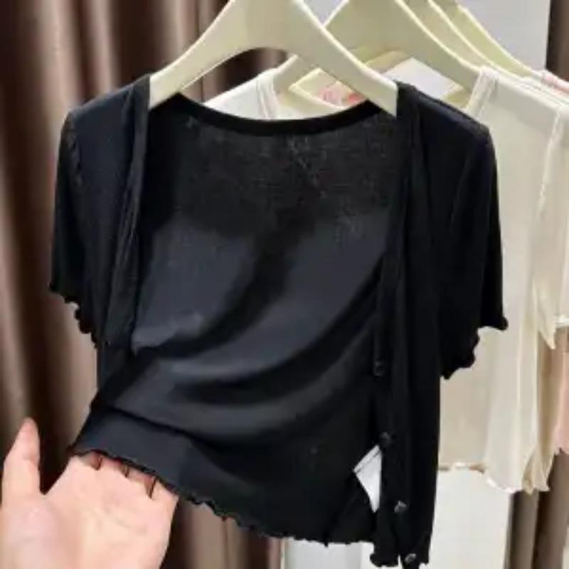 Women Summer White V Neck Button Down Ruffle Hem Crop Top