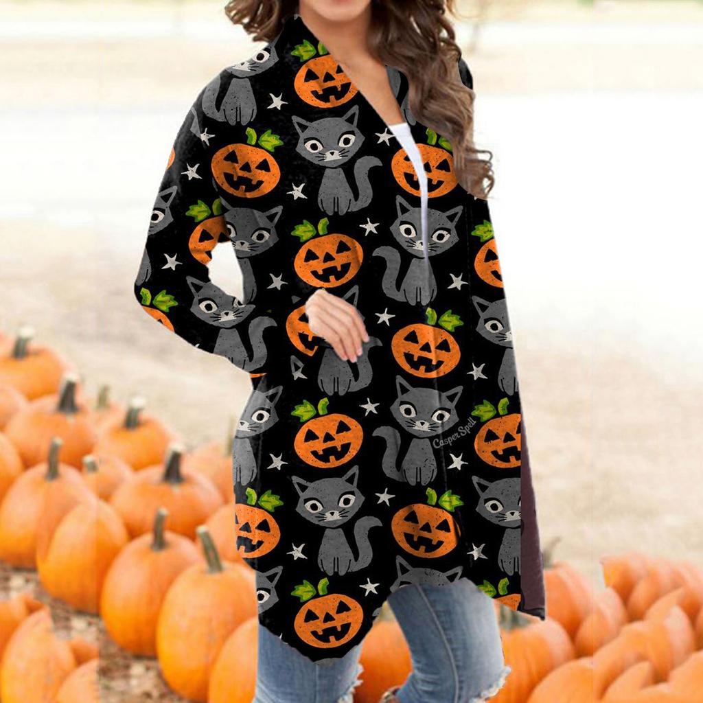 Fashion Women's Halloween Animal Cat Print Langermet Cardigan Jacket