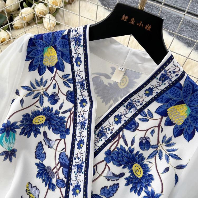 Vestido de Fiesta Boho para Mujer Impresión Floral Preciosa Gasa Manga de Farol Cierre de Cordones Cruzado Cuello en V Empalme de Banda de Satén