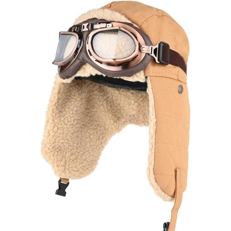 

Warm Windproof Pilot Cap with Goggles Ear Flaps and Beanie for Winter Skiing Camping Outdoor Sports Retro Aviator Hat бежевий